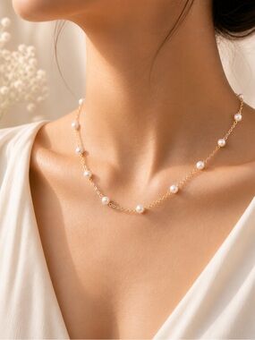 5/25 ✨✨ Gold Pearl Station Necklace with White Pearls - Elegant Women’s Jewelry